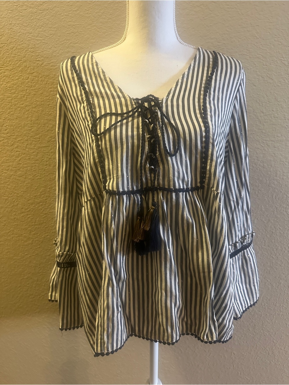 Crown & ivy Navy and White Striped Peasant Tunic with Tassel Tie